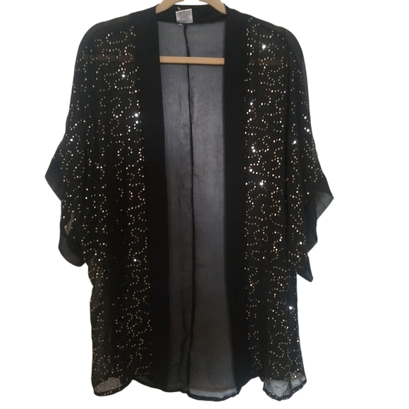 Chiffon Sequin Kimono Woman's Short-Sleeve Black Cape Fits-All 100%Polyester - Picture 1 of 7